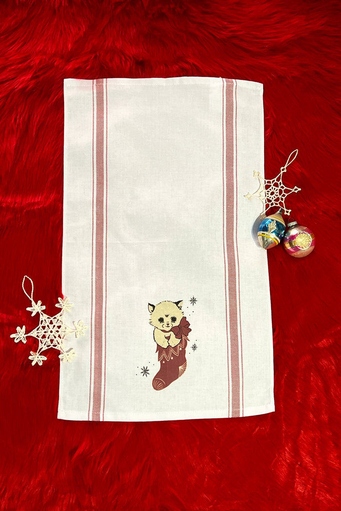 Holiday Tea Towel - Cat in the Sock -Christmas Gift