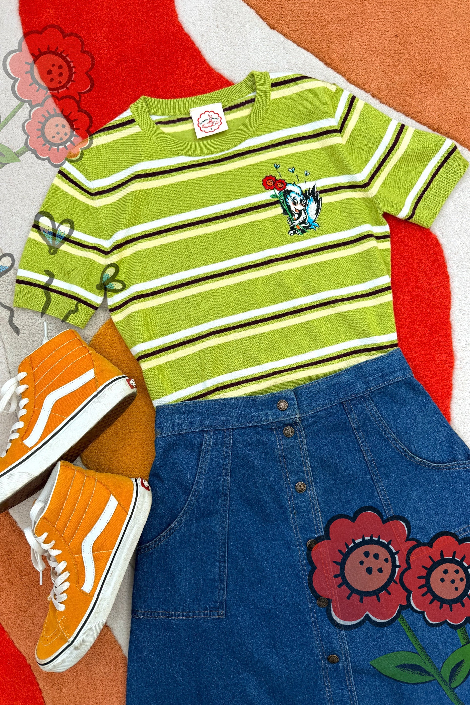 Little Danger Short Sleeve Relaxed Striped Sweater in Lime Green