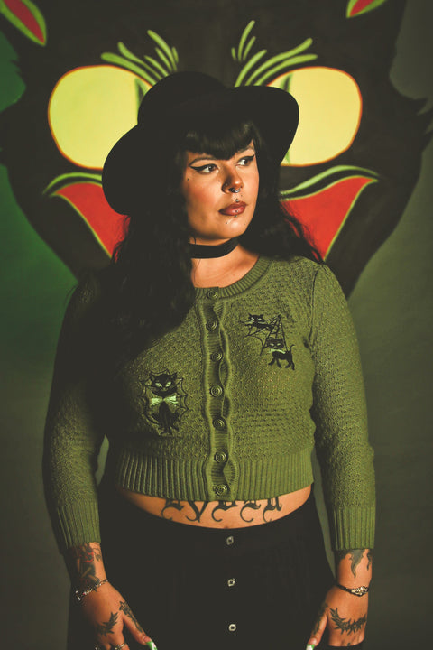 Meow Trap Cropped Cardigan in Sage | Mischief Made