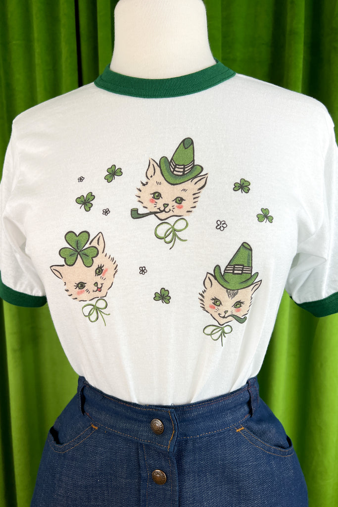Paddy Cats  Unisex Ringer Tee in White/Green
