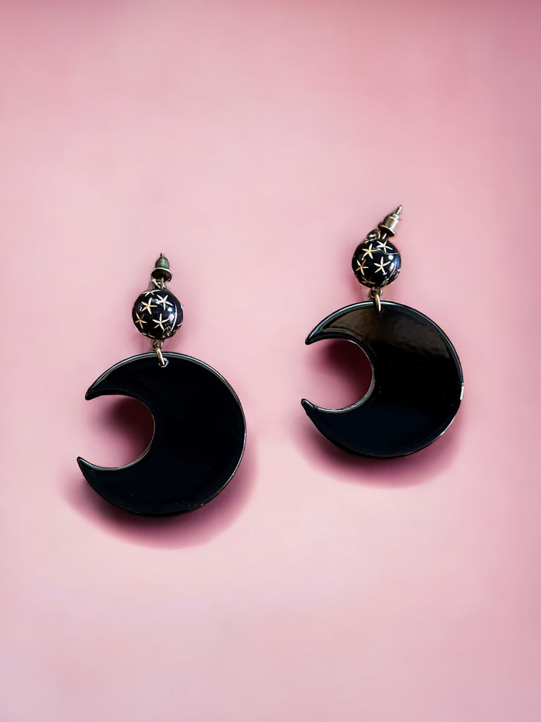 Black Moon with Black Bead Earrings