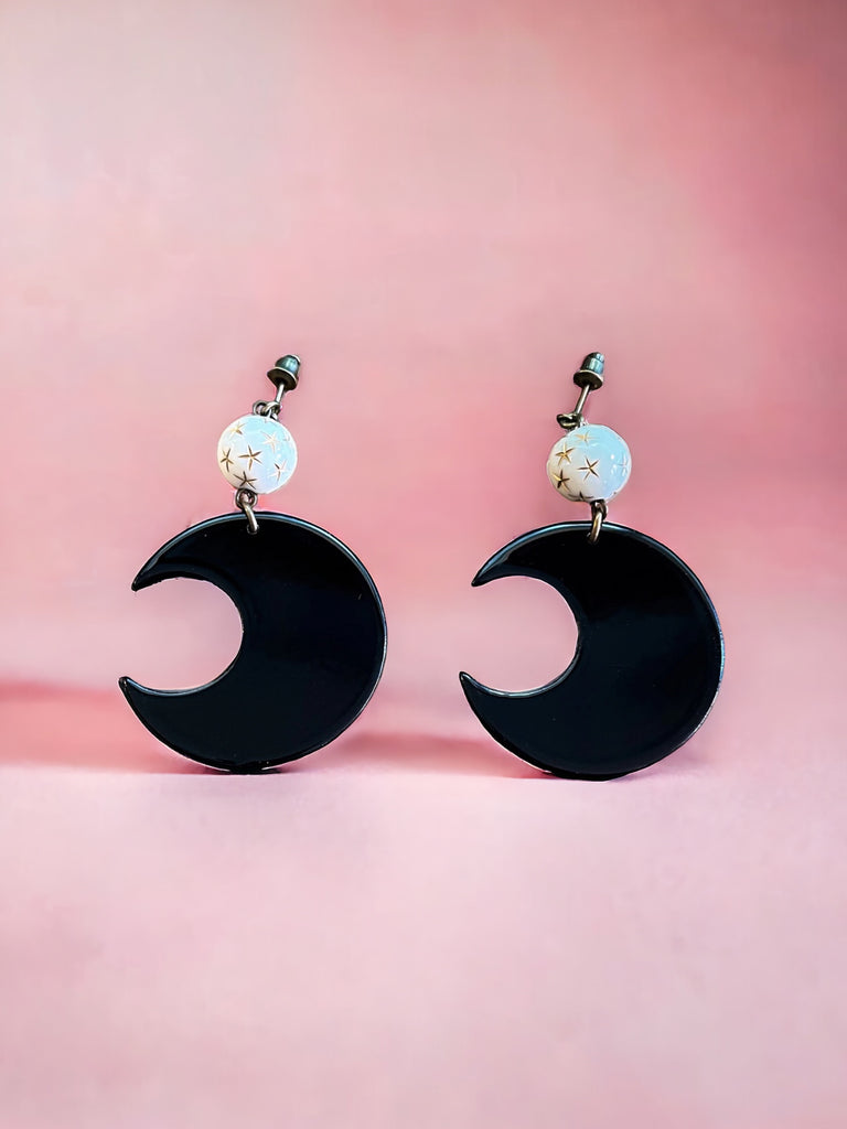 Black Moon with White Bead Earrings