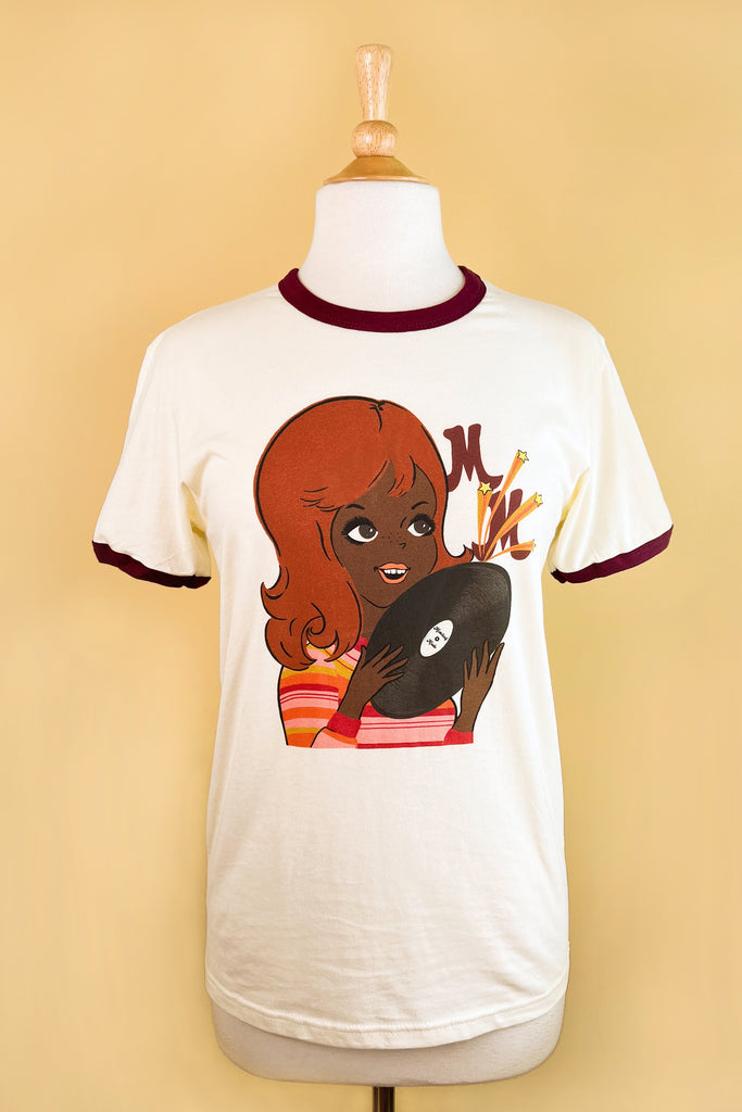 Record Party Unisex Ringer Tee in Natural/Maroon