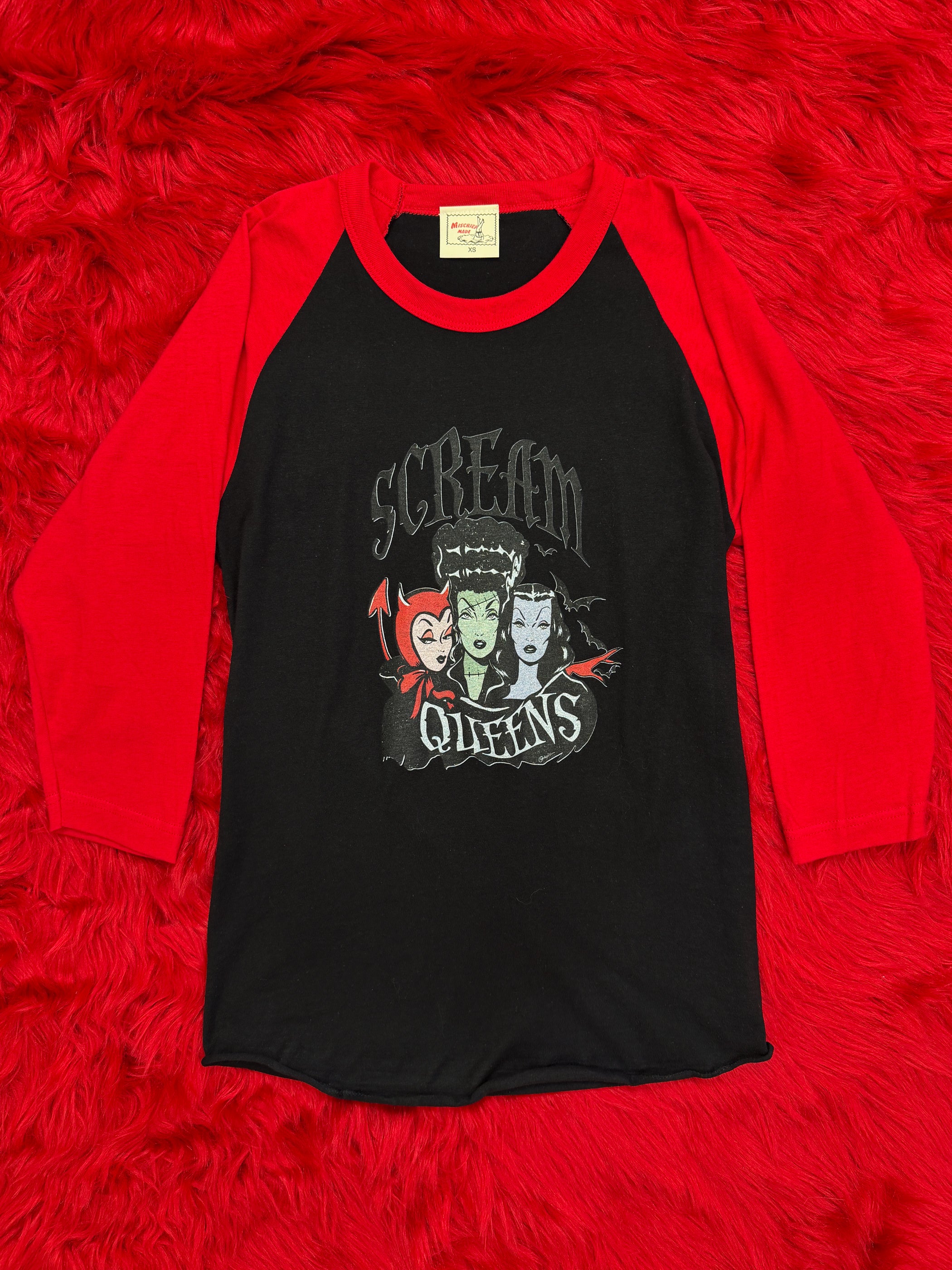 Unisex] Scream Queens 3/4 Raglan tee in Black/Red | Mischief Made