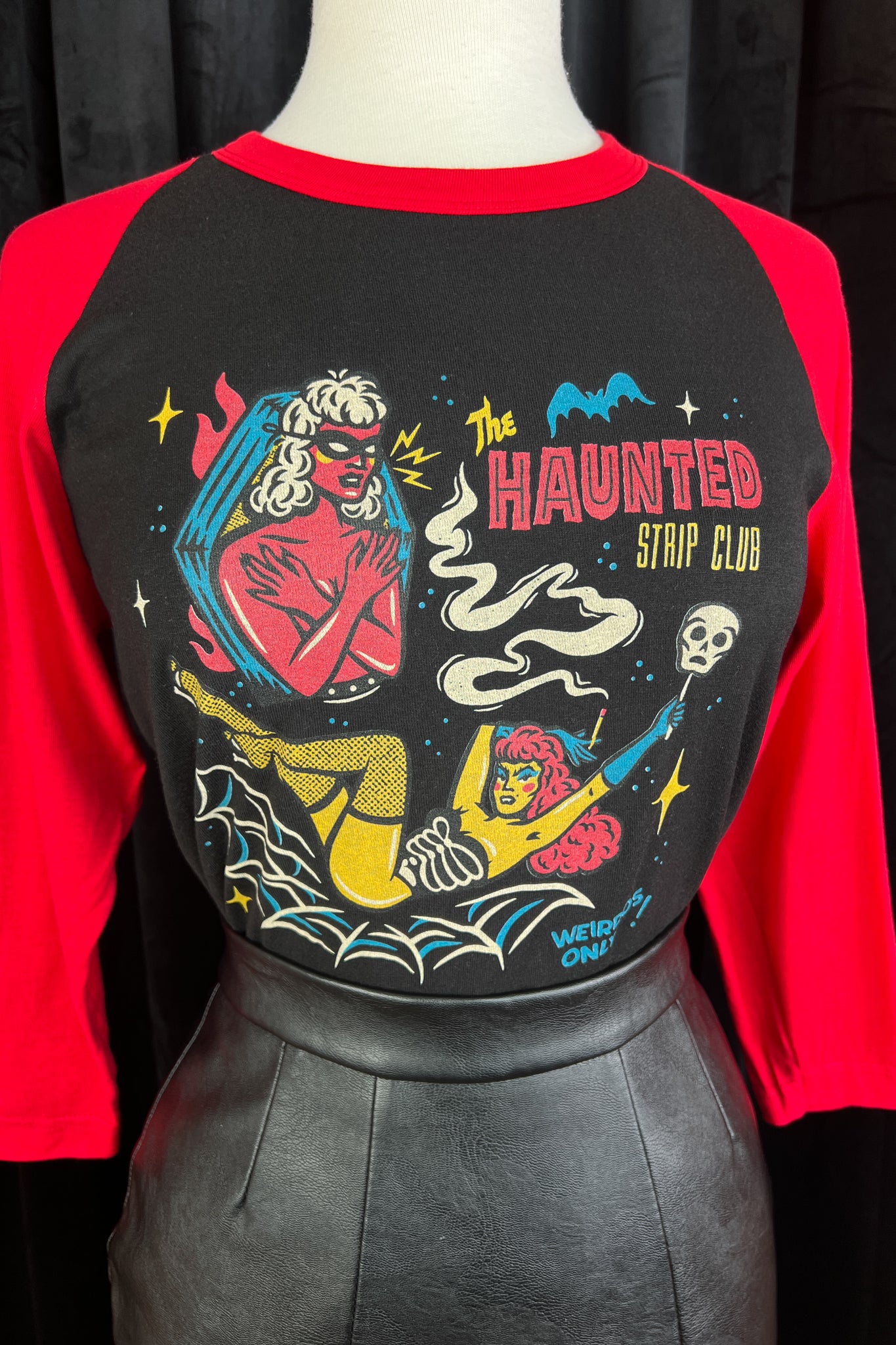 Unisex] The Haunted Strip Club 3/4 Raglan tee in Black/Red