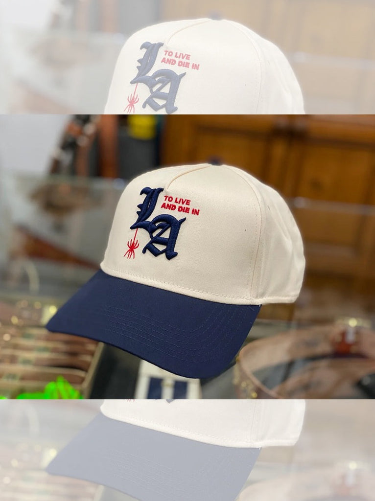 To live and Die in LA 5 Panel Snap Back Cap in Navy / Natural by Delinquent Bros
