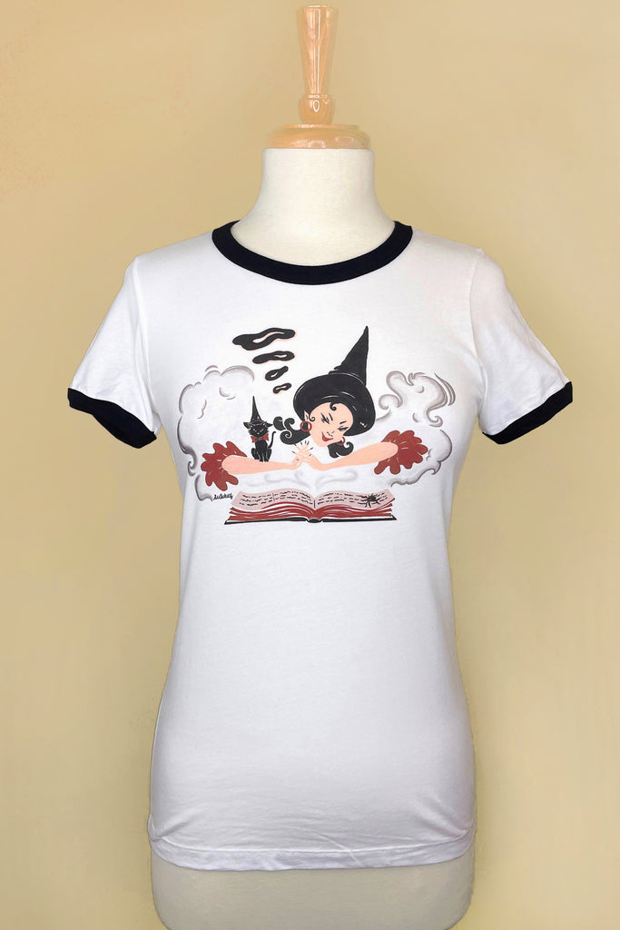 Witch Bible Fitted Ringer Tee in White/Black