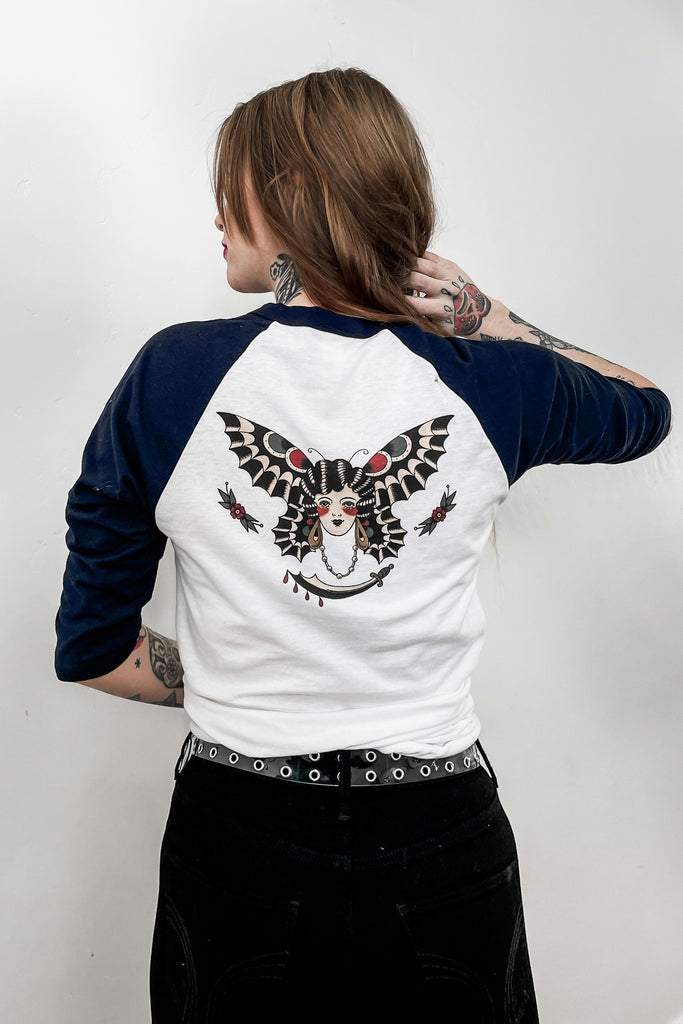 Butterfly Lady Unisex Raglan Tee in Natural/Navy