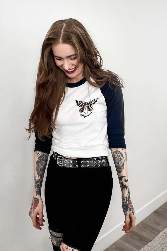 Butterfly Lady Unisex Raglan Tee in Natural/Navy