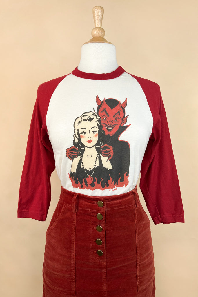 Deal with the Devil Unisex Raglan Tee in Natural/Red