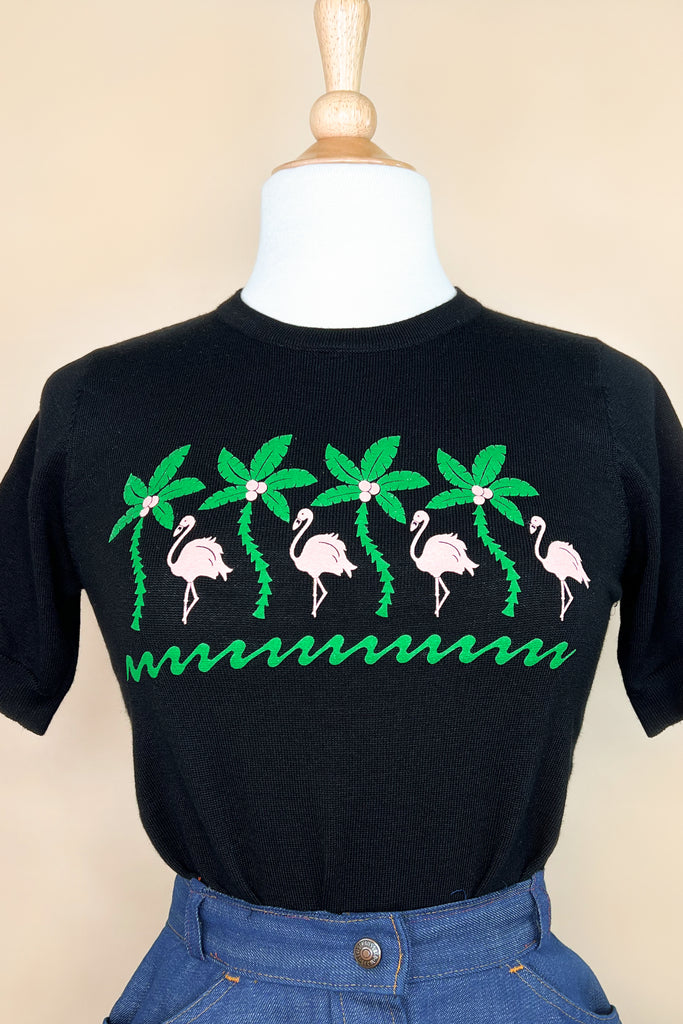 Flamingos short sleeve Sweater in Black