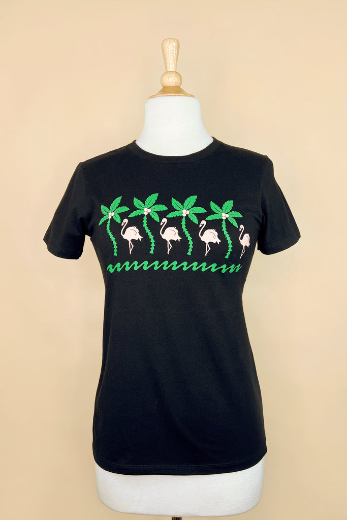 Flamingos Fitted Tee in Black