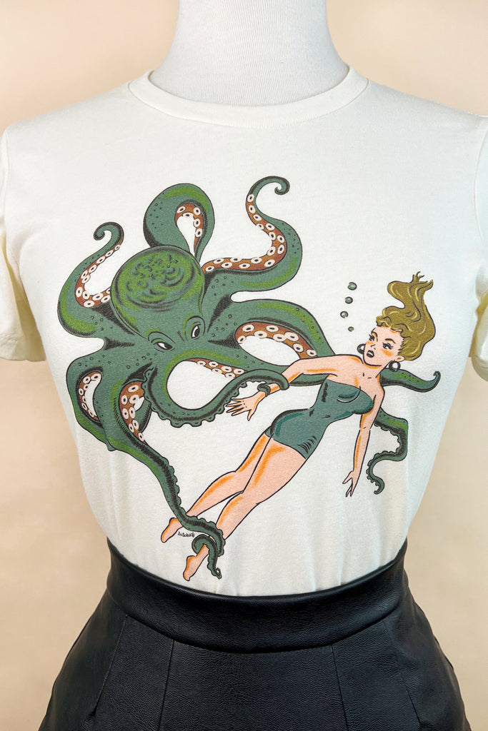 Girl With Octopus Fitted Tee in Ivory