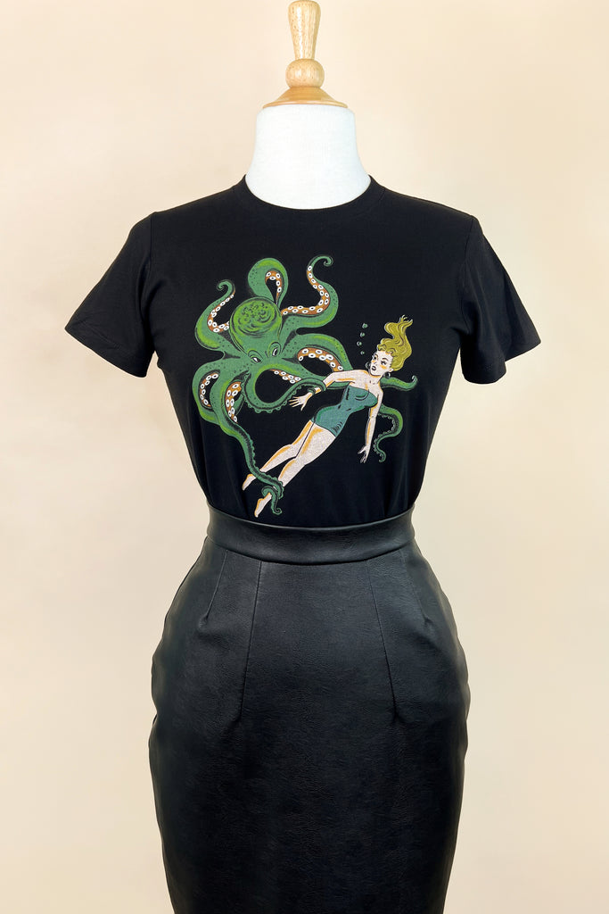 Girl With Octopus Fitted Tee in Black