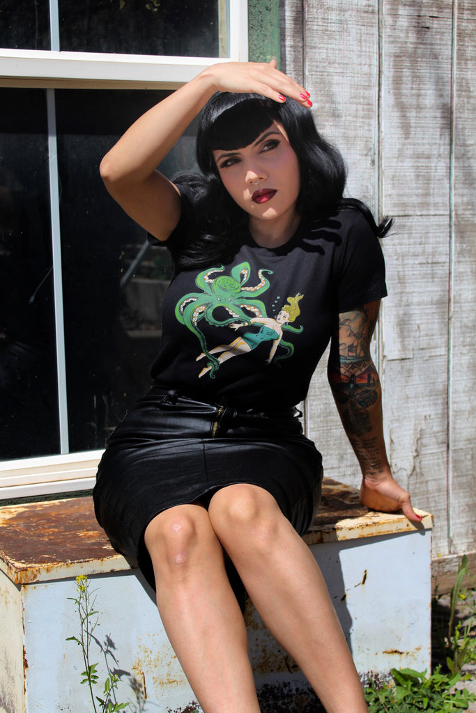 Girl With Octopus Fitted Tee in Black
