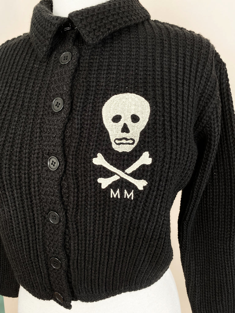MM Skull Knit Cropped Collared Sweater in Black