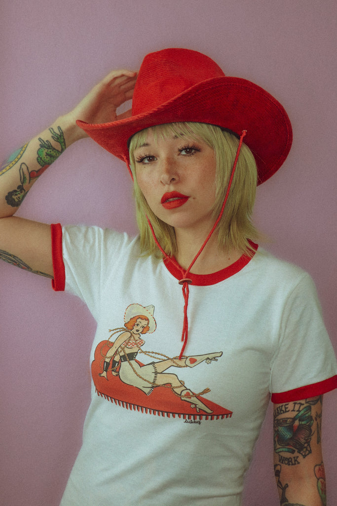 Rope you in! Unisex Ringer Tee in White/Pio Red