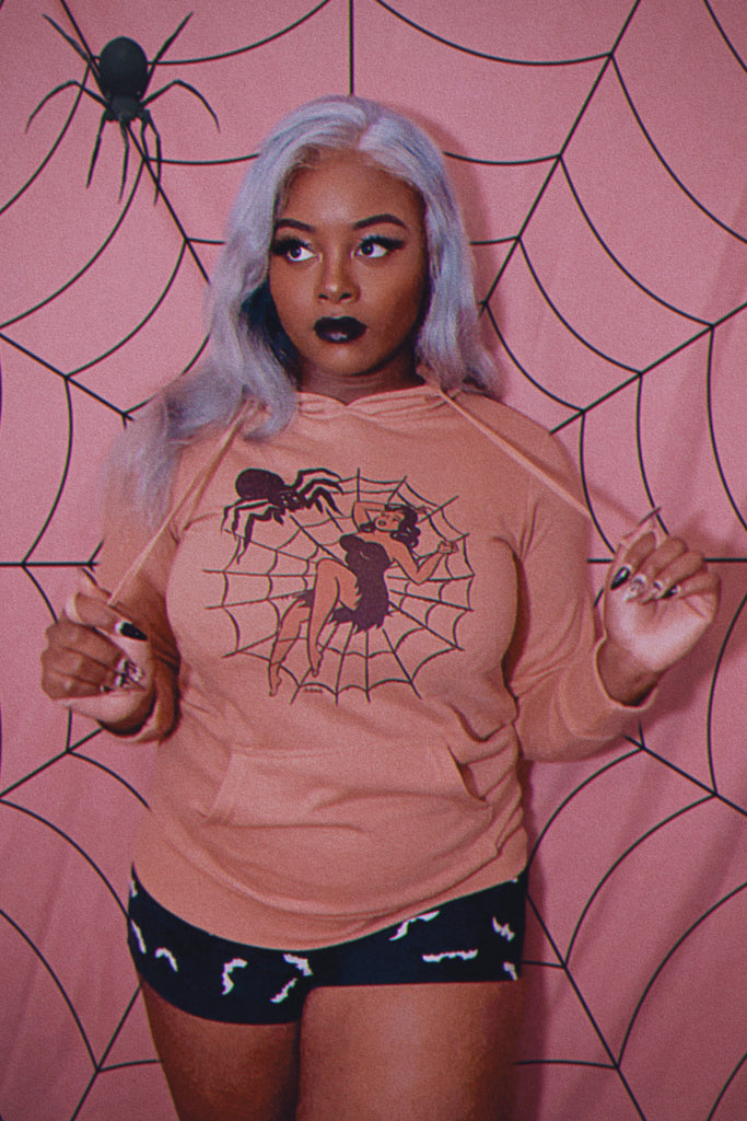 Web of Lies Hoodie in Dust Pink-  Women's Fitted Body