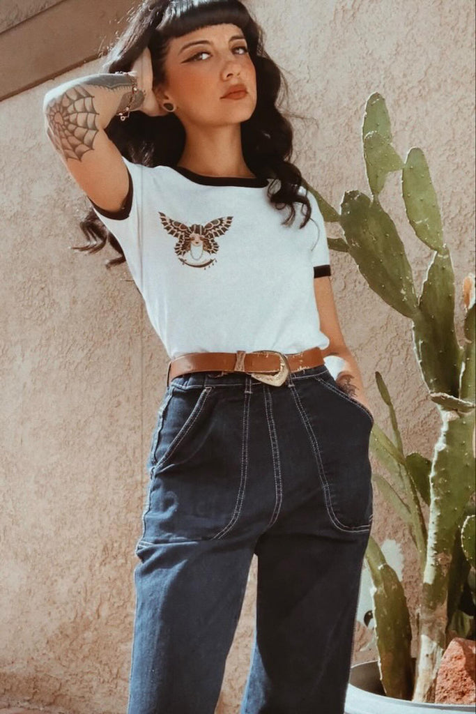 Butterfly Lady Fitted Ringer Tee in White/Black