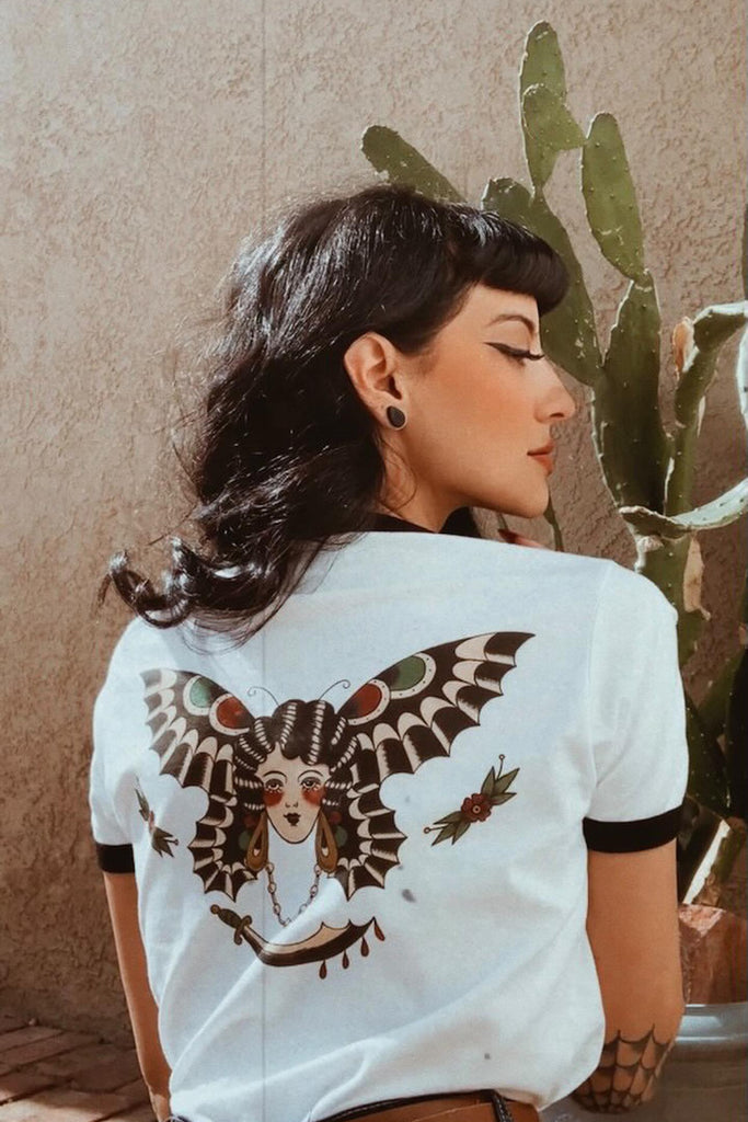 Butterfly Lady Fitted Ringer Tee in White/Black